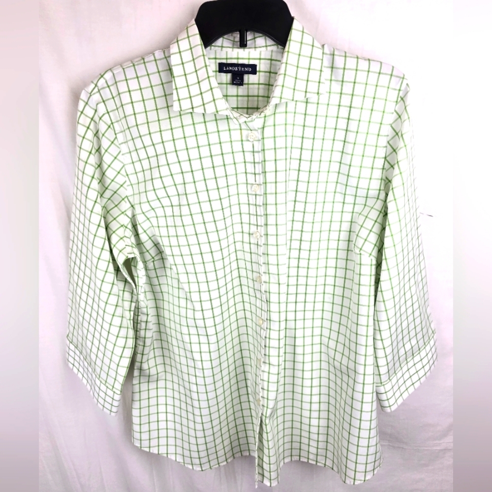 Lands' End Green Checkered 3/4th Sleeve Shirt Sz 14
